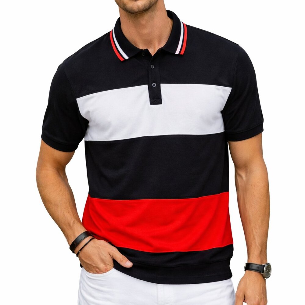 Vintage Men's Pacific Club 80s Red + Black Color Block Polo Shirt - Large